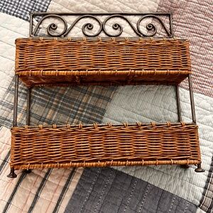 Two-Tier Wicker & Metal Basket Shelf – Farmhouse Organizer wrought iron